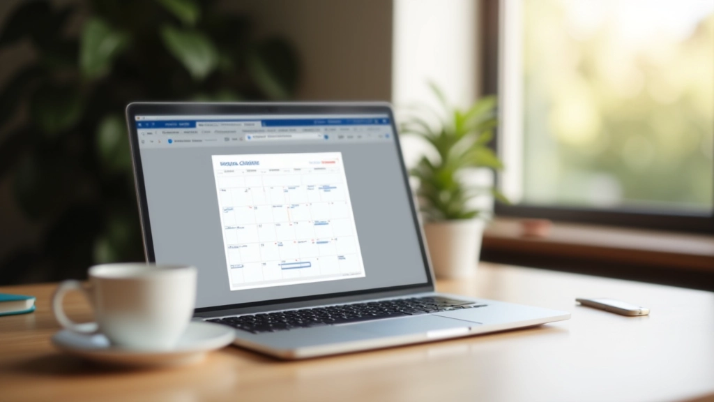 Ambiente de trabalho moderno com laptop e organização digital, luz natural pela janela, foco nítido