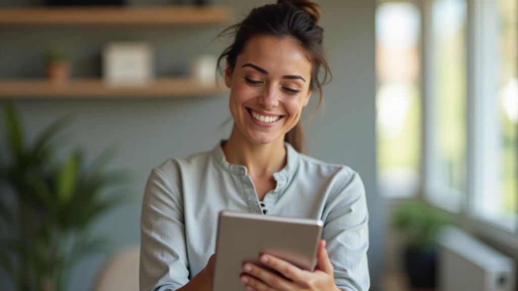 Pessoa com tablet mostrando aplicação de organização, ambiente luminoso, atmosfera produtiva, foco nítido